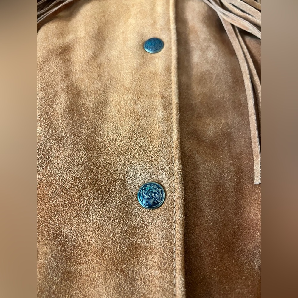 Lariat Tobacco Genuine Suede Leather Fringe Snap Button Western Jacket Size 14 - Picture 15 of 16
